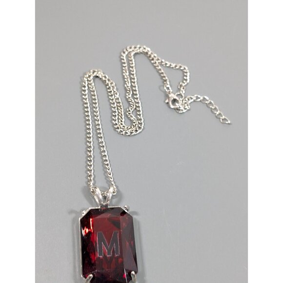 Red Rhinestone Initial Letter M Rectangle Solitaire Pendant necklace Silver Tone - Picture 3 of 8